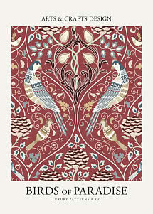 Decorative poster with symmetrical bird pattern, blue and cream birds and flowers on red background