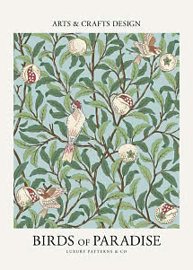 Illustrated poster with birds, leafy branches and decorative fruit on a light blue background