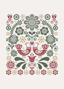 Symmetrisches Folk-Art-Motiv mit zwei roten Vögeln, Blumen und Blättern in Grün, Rot und Beige