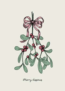 Illustrazione di vischio con fiocco rosa e scritta "Merry Kissmas"