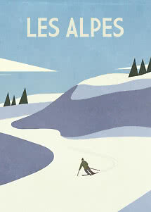 Plakat narciarska retro „Les Alpes” z ośnieżonymi górami i narciarzem skręcającym