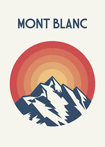 Grafisk Mont Blanc-plakat med blå bjergtoppe foran en sol i varme retrofarver