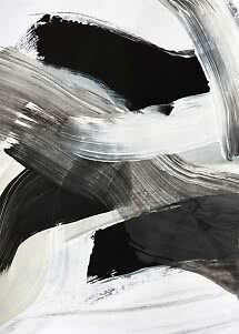 Abstract black and white painting with broad curved brushstrokes on a light background