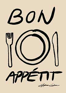 Poster minimalista con testo, piatto, forchetta e coltello su sfondo beige