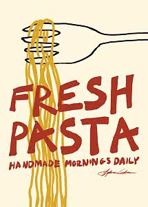 Illustration d’une main tenant des pâtes, avec le texte « Fresh Pasta » sur fond clair