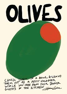 Plakat med stor grøn oliven, rød pimento og teksten “OLIVES” i sort håndskrift