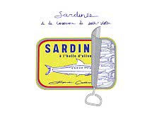 Illustration af åben gul sardindåse med optrækslåg og tegnede sardiner indeni