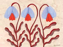 Malerische Illustration von drei hängenden blauen Blumen mit roten Blütenblättern