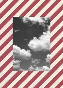 Black-and-white cloud photo on a red and cream diagonal striped background