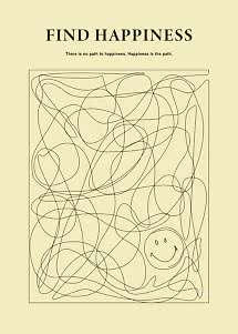 Poster con scritta "Find Happiness", linee intrecciate in un riquadro e smiley in basso a destra.