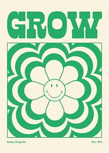 Grafica rétro verde con la scritta GROW e un fiore sorridente su sfondo color crema