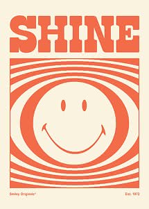 Grafische poster met SHINE-tekst en smiley in oranje op een crèmekleurige achtergrond