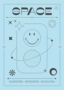 Hellblaues Poster mit dem Wort SPACE, Smiley, Kugel und dekorativen Sternen und Linien.