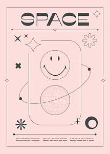 Poster rosa con scritta SPACE, faccina sorridente, sfera e forme a stella in stile rétro