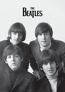 Black-and-white portrait of The Beatles with band logo at the top