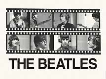 Affiche noir et blanc des Beatles avec photos en pellicule des membres en studio d’enregistrement