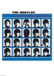 Poster di The Beatles A Hard Day’s Night con 20 ritratti in bianco e nero su griglia blu