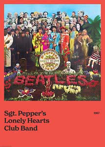 Poster della copertina di Sgt. Pepper dei Beatles con uniformi colorate e collage di volti famosi