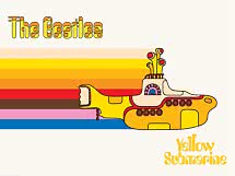 Illustrazione retrò di sottomarino giallo con strisce colorate e testo The Beatles Yellow Submarine