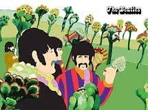 Illustrazione colorata dei Beatles in un giardino surreale con fiori alti e paesaggio verde