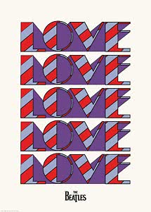 Poster mit dem Wort LOVE fünfmal in roten, violetten und hellblauen geometrischen Buchstaben, The Beatles unten