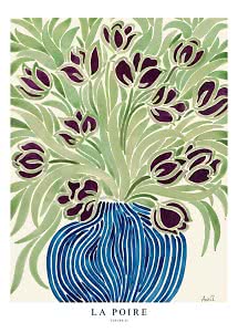 Stilisierter Druck mit violetten Tulpen und grünen Blättern in blauer Vase