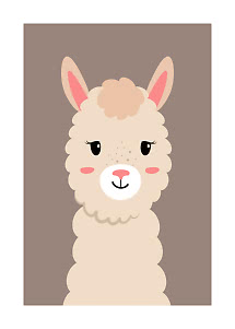Cute illustration of a beige alpaca with pink cheeks on a brown background