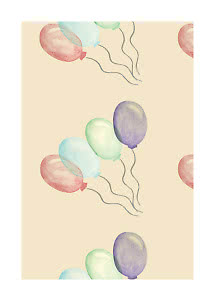 Carta da parati con palloncini ad acquerello rosa, blu, verdi e viola su sfondo beige chiaro