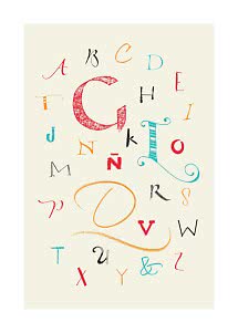 Póster de alfabeto colorido con letras decorativas sobre fondo crema claro