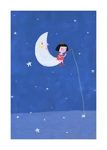 Illustrazione di una bambina su una luna crescente che pesca una stella in un cielo notturno blu