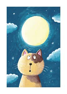 Illustrazione dipinta di un gatto sotto una grande luna piena in un cielo stellato