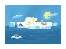 Gemälde mit Eisbär und Robben auf Eisschollen im Meer unter gelber Sonne und Wolken