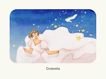 Illustration de Cendrillon en robe de bal rose sous un ciel étoilé avec une pantoufle de verre