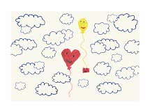 Tegning med blå skyer og to smilede balloner, et rødt hjerte og en gul ballon.