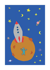 Farverig illustration af raket og astronaut på en orange planet i rummet med stjerner og måner