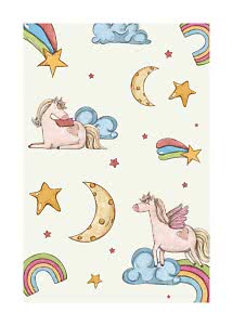 Illustrazione con due unicorni rosa, arcobaleni, nuvole, stelle e lune su sfondo chiaro