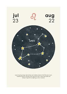 Affiche astrologique du Lion, du 23 juillet au 22 août, avec illustration de la constellation.