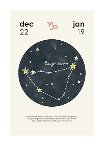 Stjernetegnplakat for Stenbukken med stjernebillede, symbol og datoerne 22. dec til 19. jan