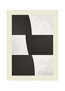 Motivo geometrico astratto bianco e nero con forme curve e bordo beige chiaro