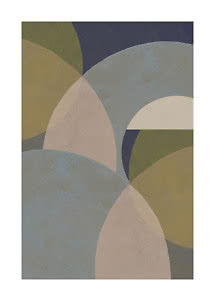 Stampa astratta con archi e cerchi sovrapposti in blu, verde, beige e blu navy scuro