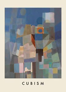Abstrakt kubistisk poster i blå och jordnära toner med geometriska former och texten CUBISM