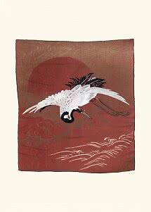 Japansk illustration av en flygande vit trana framför en röd sol över stiliserade vågor