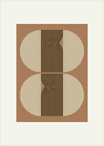Abstracte geometrische poster in beige en bruin met twee cirkels en golvende zwarte lijnen in het midden