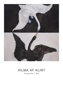 Poster med Hilma af Klints The Swan No. 1, 1915, med en vit och en svart svan mot delad bakgrund
