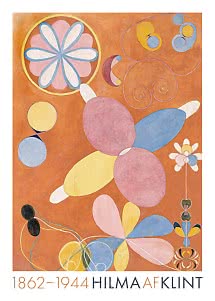 Abstrakcyjny plakat Hilmy af Klint z kwiatowymi i owalnymi formami w różu, błękicie i żółci na pomarańczowym tle