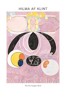 Poster met Hilma af Klints abstracte werk The Ten Largest, No. 6 in roze, geel, zwart en blauw.