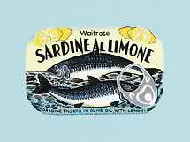 Scatola illustrata di sardine Waitrose al limone, sardine in olio d'oliva su sfondo azzurro