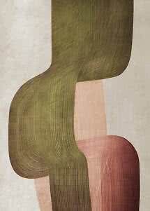 Abstract wall art with curved shapes in olive green, pink and beige on a light background
