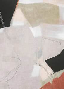 Abstract painting with soft beige and white shapes, black blocks and fine sketch lines