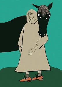 Illustration d’une femme en robe beige debout à côté d’un cheval noir sur fond turquoise